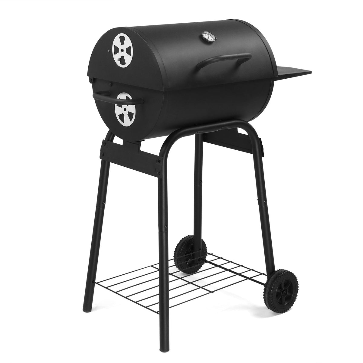 Barrel Charcoal Grill with Side Table & Bottom Shelf, 33.9"x20.5"x40.6", 4-Level Adjustable Charcoal Pan, Dual Air Dampers, Built-In Thermometer, Chrome Grates, 2 Wheels, for Backyard, Patio & Camping BBQ