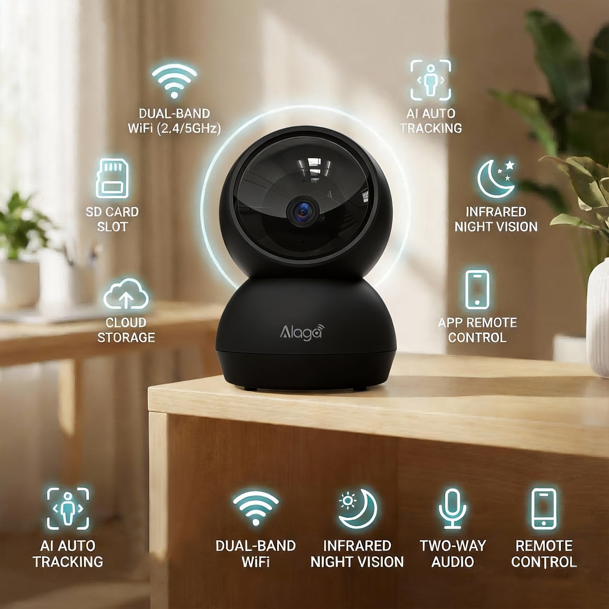 Alaga 2K Indoor Security Camera with Audio, AI Motion Detection Baby Monitor, 2.4G/5G WiFi Night Vision 2-Way Talk, Cloud & SD Card Storage, ABS, White & Black
