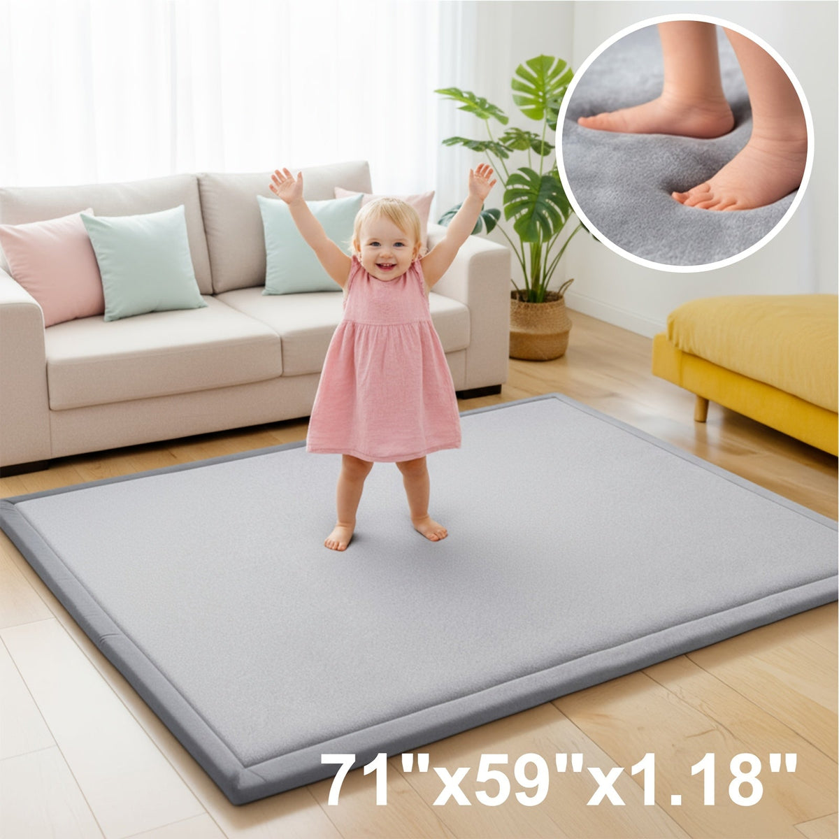 Ultra Soft 1.3" Thick Baby Play Mat, Extra Large Non-Slip Velvet Tummy Time & Crawling Mat for Babies Toddlers & Kids, Easy Care, Gray, 3 Sizes Including 50x50" 79x59" & 71x59"
