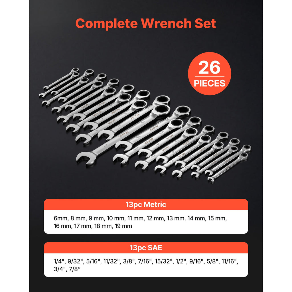 Ratcheting Combination Wrench Set 26-Piece SAE & Metric, 72-Tooth Cr-V Steel, 5° Micro-Swing, Dual-End Open Ratchet, Clear Size Labels, Rack Organizer, for Automotive DIY Home Repairs, Silver