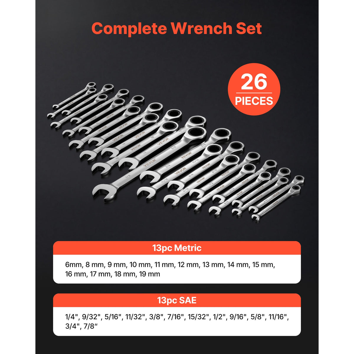 Ratcheting Combination Wrench Set 26-Piece SAE & Metric, 72-Tooth Cr-V Steel, 5° Micro-Swing, Dual-End Open Ratchet, Clear Size Labels, Rack Organizer, for Automotive DIY Home Repairs, Silver