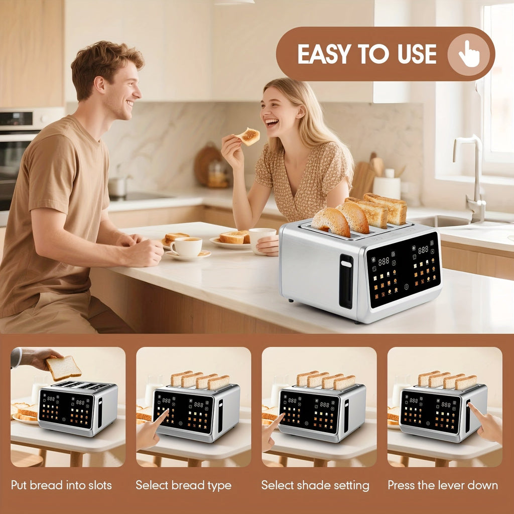 4-Slice Digital Smart Toaster Stainless Steel – Touchscreen Dual Control Panel with Timer Reheat & Defrost for Bagels Bread Waffles