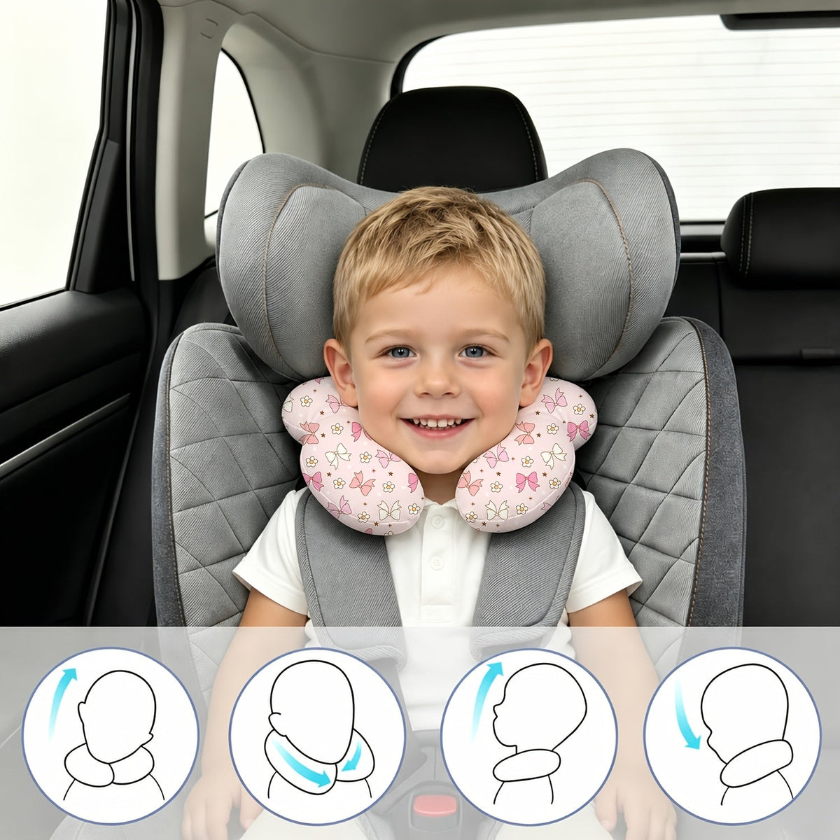 Kids Car Seat Headrest Pillow, Universal Child Head Support Neck Pillow for Boys & Girls, Cute Patterns including Green Leaves Pink Bow Rainbow Grey Stars & Gray Clouds