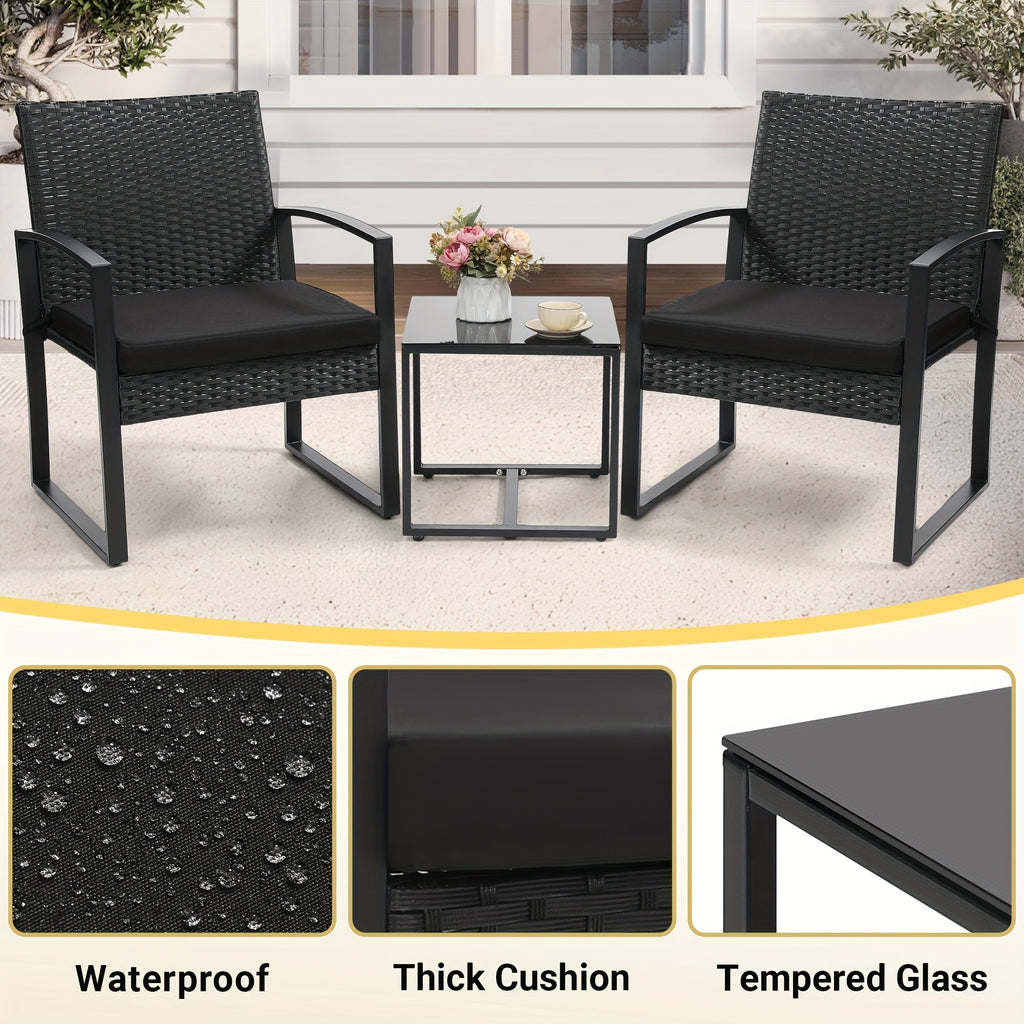 Rattan Bistro Set 3-Piece with Safety Glass Top Table & Plush Cushions – Outdoor Patio Conversation Set with 2 Chairs for Backyard, Balcony & Garden, Black Rattan Gray Black Beige Cushion – Nova Mart