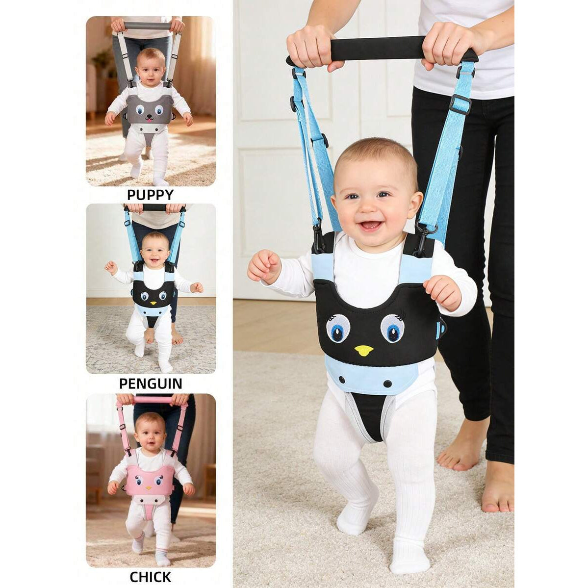 Handheld Infant Walking Support Belt, Toddler Walker Aid with Penguin Print for Ages 6-36 Months, One-Size Walking Assistance Belt for Baby Boys & Girls, Pink Blue & Grey