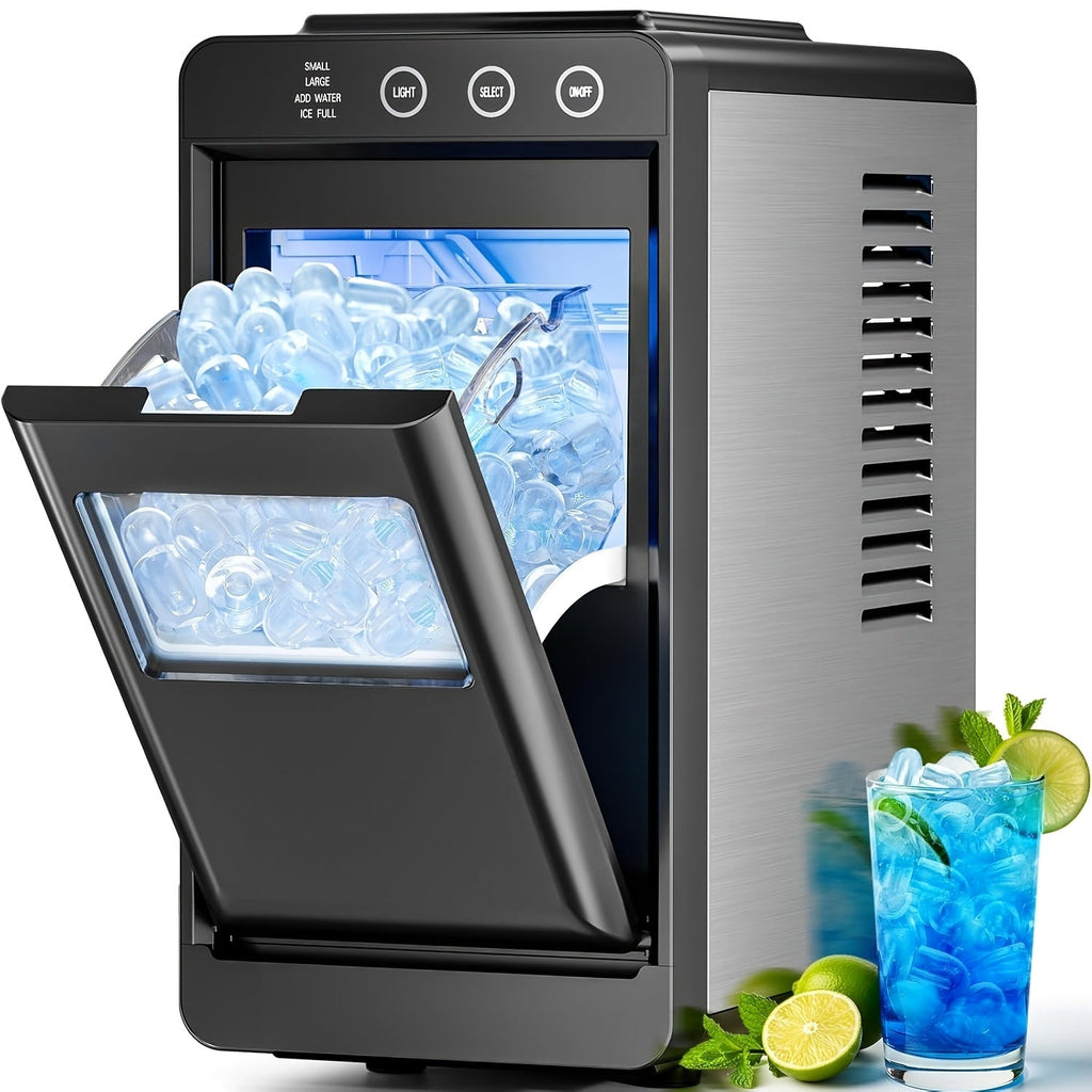 Countertop Ice Maker Machine – 26 LB per 24 Hours Self-Cleaning Selectable Ice Size Internal Lighting with Ice Basket & Scoop for Home & Kitchen in Black White & Grey