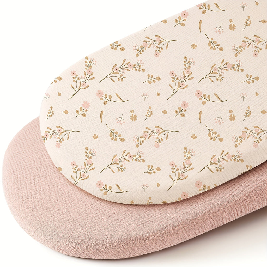 2-Pack Muslin Fitted Bassinet Sheets, Soft Breathable Baby Bassinet & Cradle Sheets for Baby Girl & Boy, Floral Pink, Chestnut Posy, Camel Sun & Brown Cream
