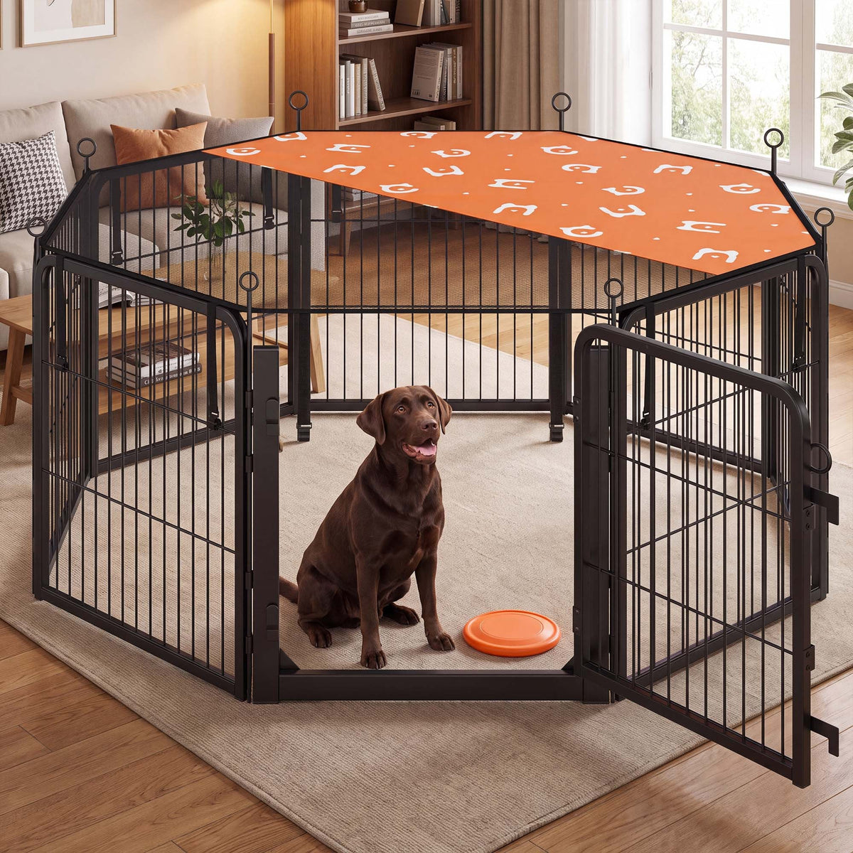 8-Panel Dog Playpen with Mesh Roof, 54.5"x54.5"x23.6", Rust-Resistant Steel & POM Frame, One-Hand Latch Door, 5-Min Setup, Indoor Outdoor Pet Exercise Pen, Black