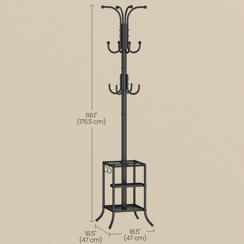 Metal Freestanding Coat Rack Stand with 12 Hooks & Umbrella Storage Base – Multi-Hook Garment Holder for Hallway Entryway Bedroom
