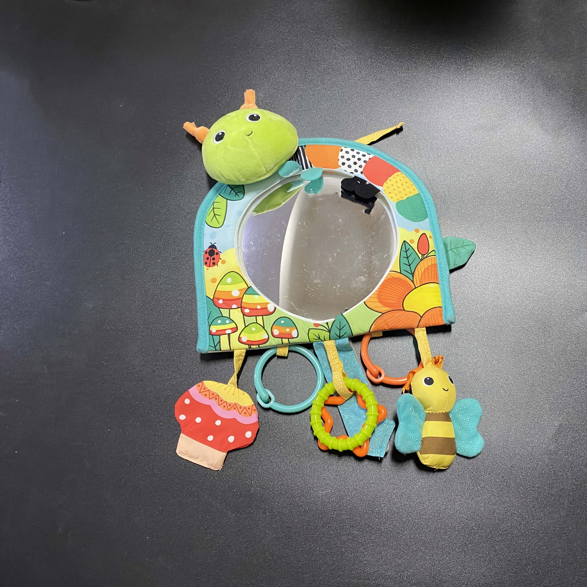Baby Rear-Facing Car Mirror with Hanging Interactive Toys, Travel Activity Center for Tummy Time & Car Rides, Self-Awareness Tactile Auditory Visual Training, Orange Fox Gray Fox & Caterpillar