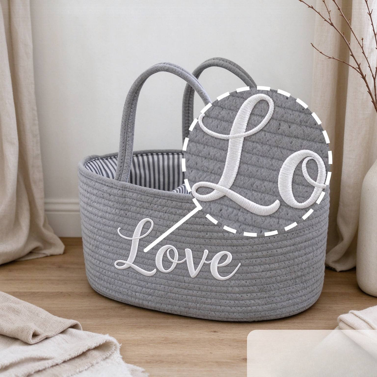 Large Rope Storage Basket with T-Shaped Dividers, 14x9x7 Inch Nursery Diaper Organizer Basket for Diapers Bottles Toys & Household Items, Woven Bin for Baby Room & Home Organization