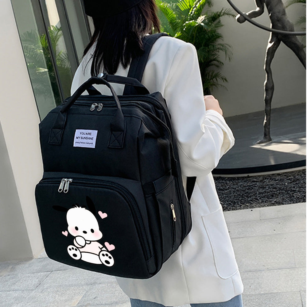 Cute Cartoon Puppy Print Diaper Backpack, Large Capacity Baby Bag for Daily Travel & Outdoor Activities, Stylish Mom & Dad Baby Bag, Black Purple & Grey