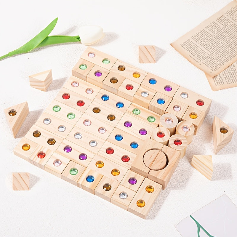 Wooden Sensory Building Blocks with Colorful Rhinestones, 32pc/50pc Educational Stacking Toys for Toddlers 18M+, Fine Motor Skills & Imaginative Play, Birthday & Christmas Gift