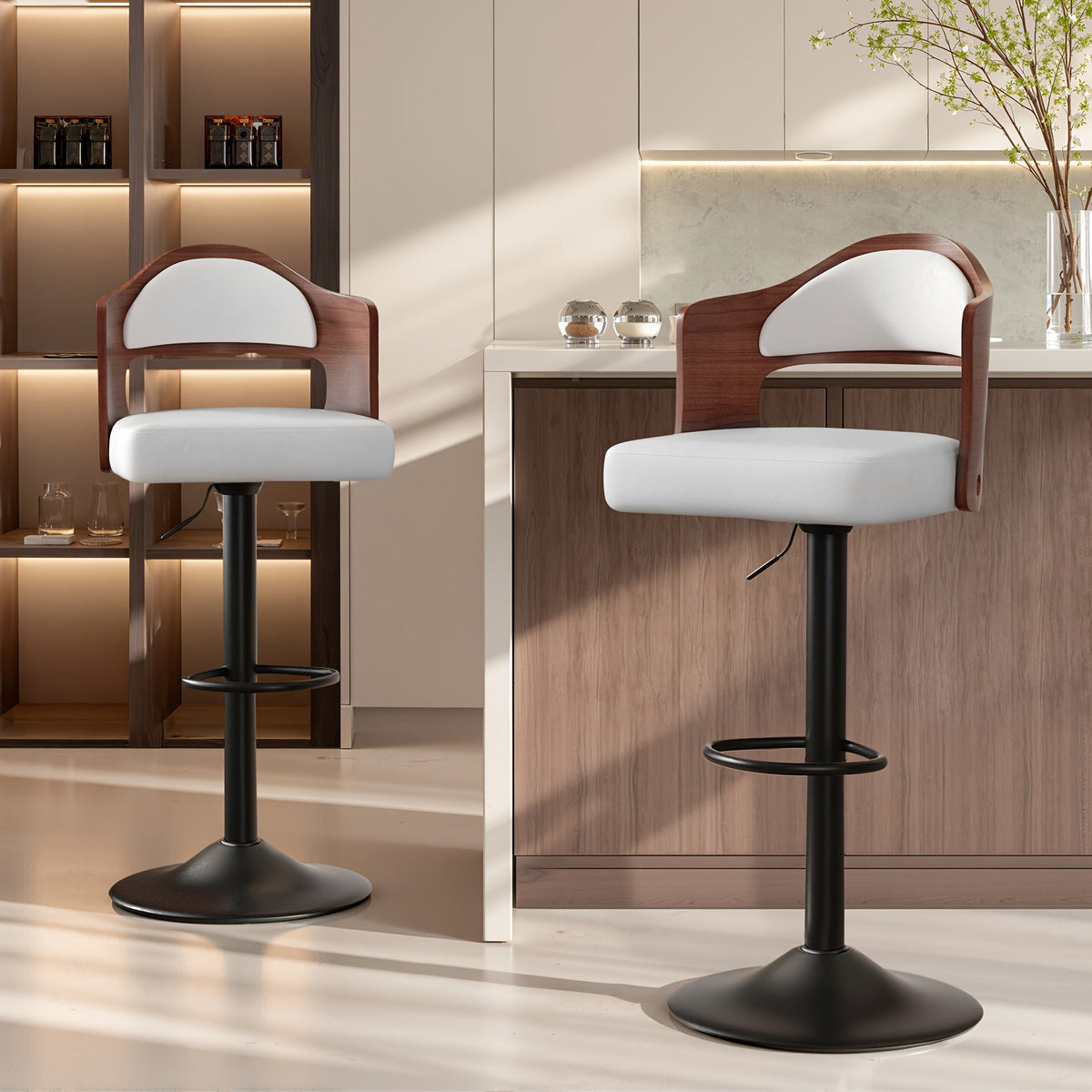 Swivel Bar Stools Set of 4 with PU Leather Upholstered Seat, Wooden Back & Footrest, Counter Height Bar Chairs for Kitchen Island and Dining Room, Black Brown Green White