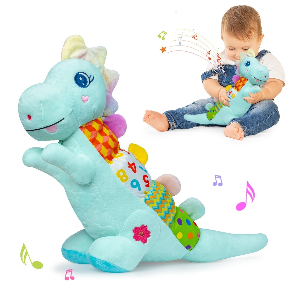 Musical Plush Stuffed Dinosaur Baby Toy with Teether, Crinkle Texture, Squeaky & Rattle, Multi-Sensory Infant Toy for 0-3-6-12+ Months, 3 Colors Including Pink Purple & Blue