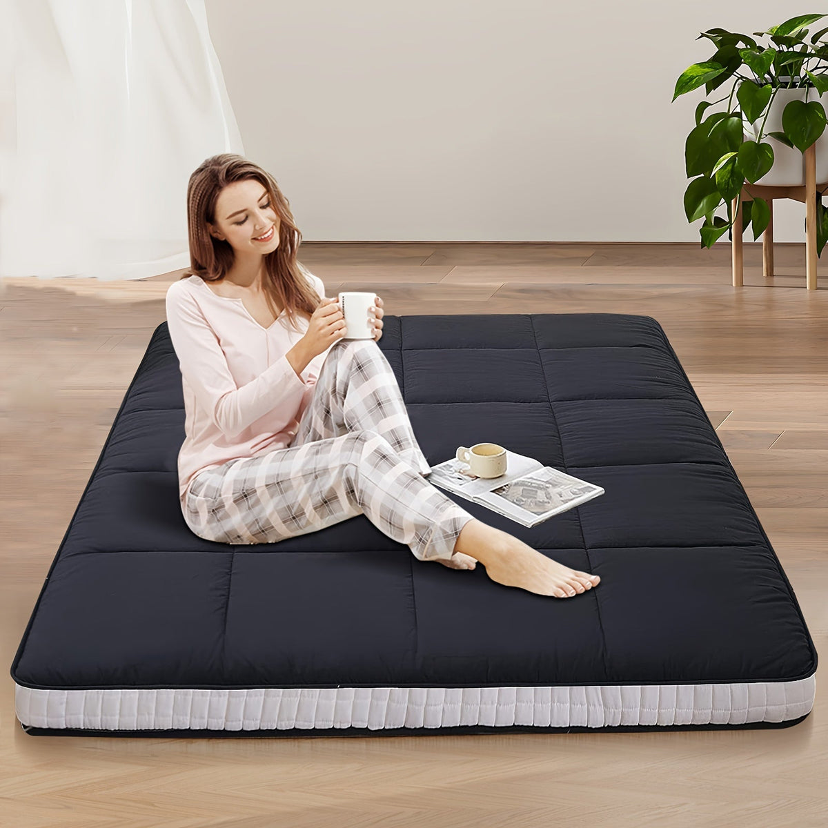 Japanese Floor Mattress Futon Twin Full Queen, Foldable Roll Up Tatami Sleeping Mat, Portable Floor Lounger Guest Bed for Camping & Couch, 4 Inch Thick, Black Gray