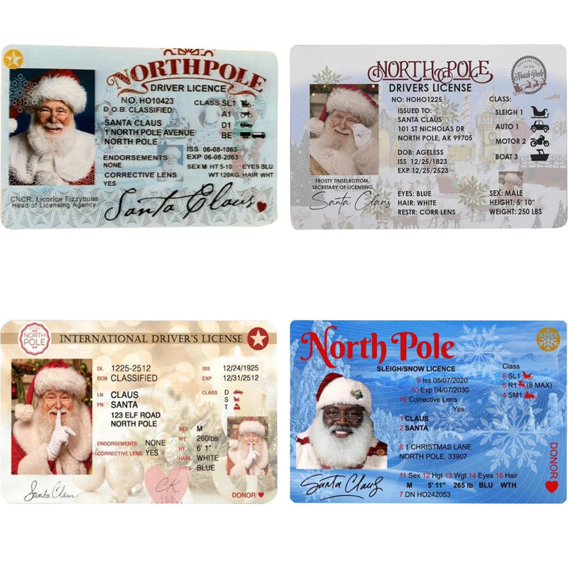 Santa Claus Virtual Sled Driving License - Novelty Christmas Game Prop & Play Prop - Funny Mini Cute Stocking Stuffer - Christmas & Halloween Party Favor - Models A, B, C & D