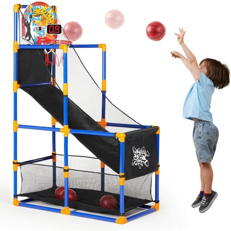 Kids Arcade Basketball Game Set with LED Lights & Electronic Scoreboard – Height Adjustable Hoop 4 Balls Air Pump Cheer Sound Indoor Outdoor