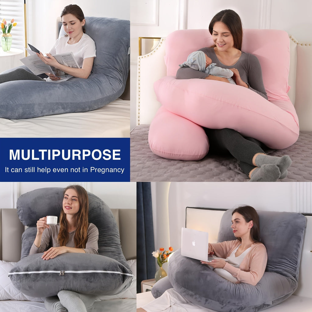 J & U-Shaped Pregnancy Pillow, Full Body Maternity Pillow with Velvet & Flannel Cover, Back, Legs & Belly Support for Pregnant Women, 43", 47" & 55", Multiple Colors