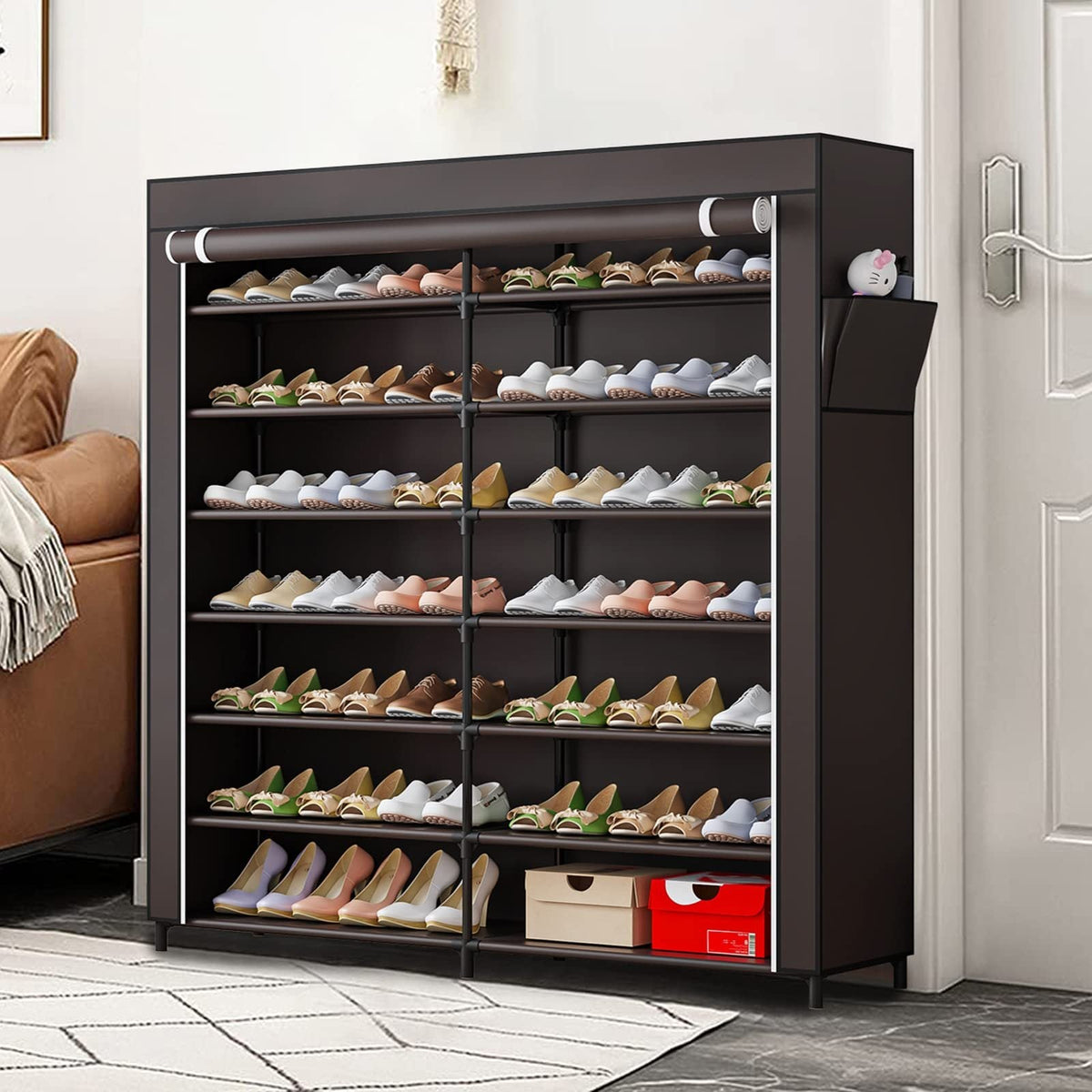 7-Tier Shoe Rack - 42 Pairs, Double Row, Dustproof Non-Woven Cover, Portable Shoe Storage Cabinet - Small Apartments & Closets - Coffee & Black