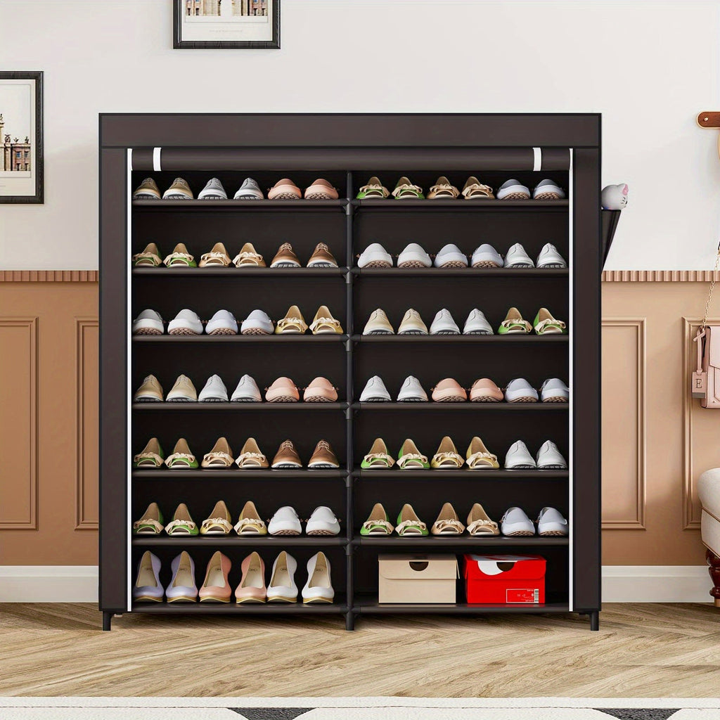 7-Tier Shoe Rack - 42 Pairs, Double Row, Dustproof Non-Woven Cover, Portable Shoe Storage Cabinet - Small Apartments & Closets - Coffee & Black