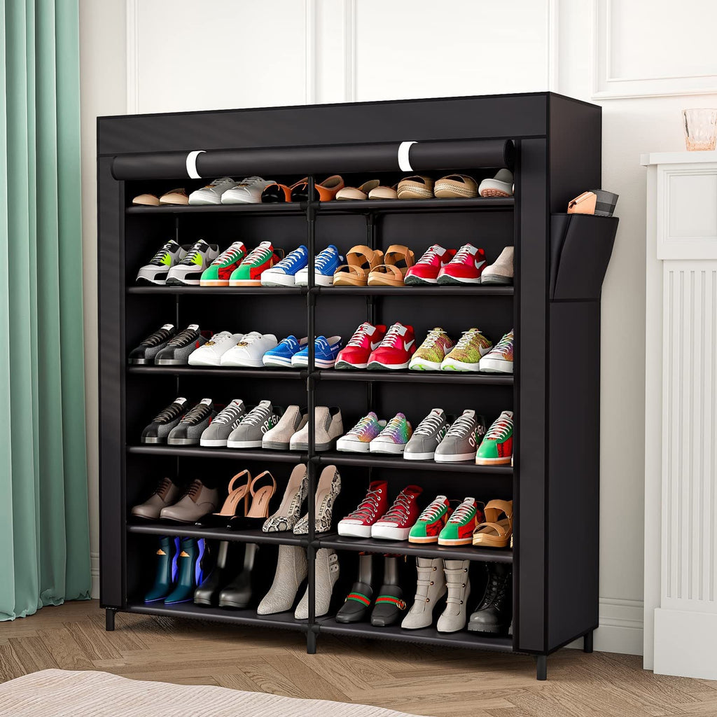 7-Tier Shoe Rack - 42 Pairs, Double Row, Dustproof Non-Woven Cover, Portable Shoe Storage Cabinet - Small Apartments & Closets - Coffee & Black