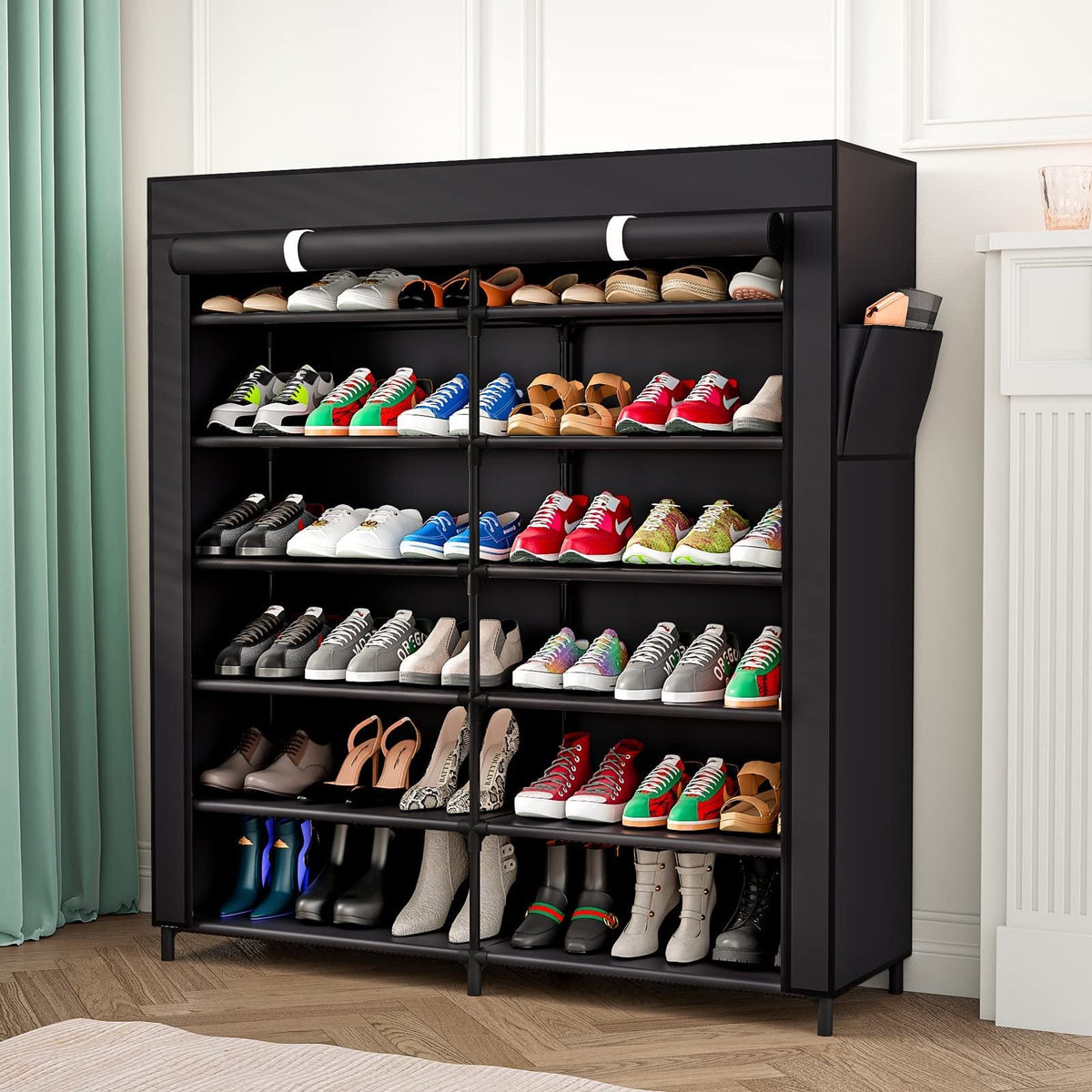 7-Tier Shoe Rack - 42 Pairs, Double Row, Dustproof Non-Woven Cover, Portable Shoe Storage Cabinet - Small Apartments & Closets - Coffee & Black