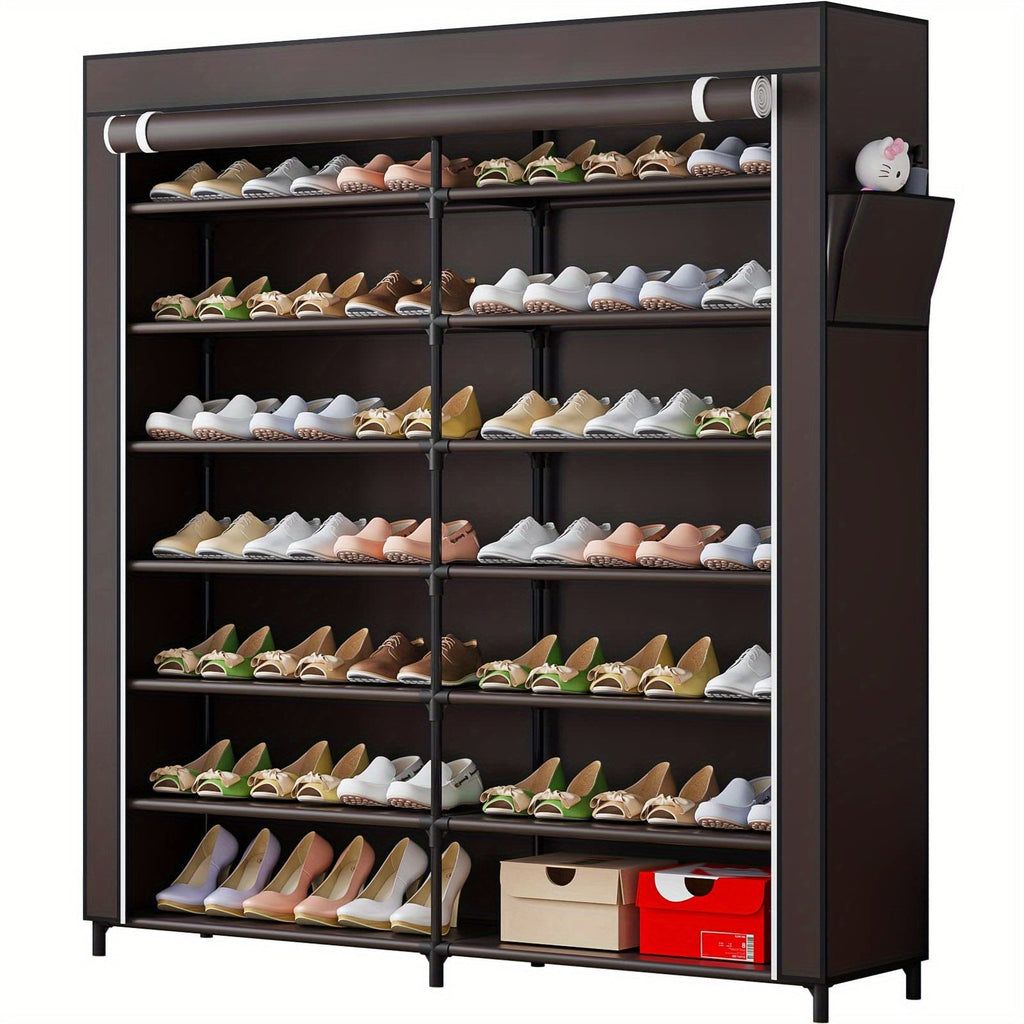 7-Tier Shoe Rack - 42 Pairs, Double Row, Dustproof Non-Woven Cover, Portable Shoe Storage Cabinet - Small Apartments & Closets - Coffee & Black
