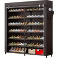 7-Tier Shoe Rack - 42 Pairs, Double Row, Dustproof Non-Woven Cover, Portable Shoe Storage Cabinet - Small Apartments & Closets - Coffee & Black