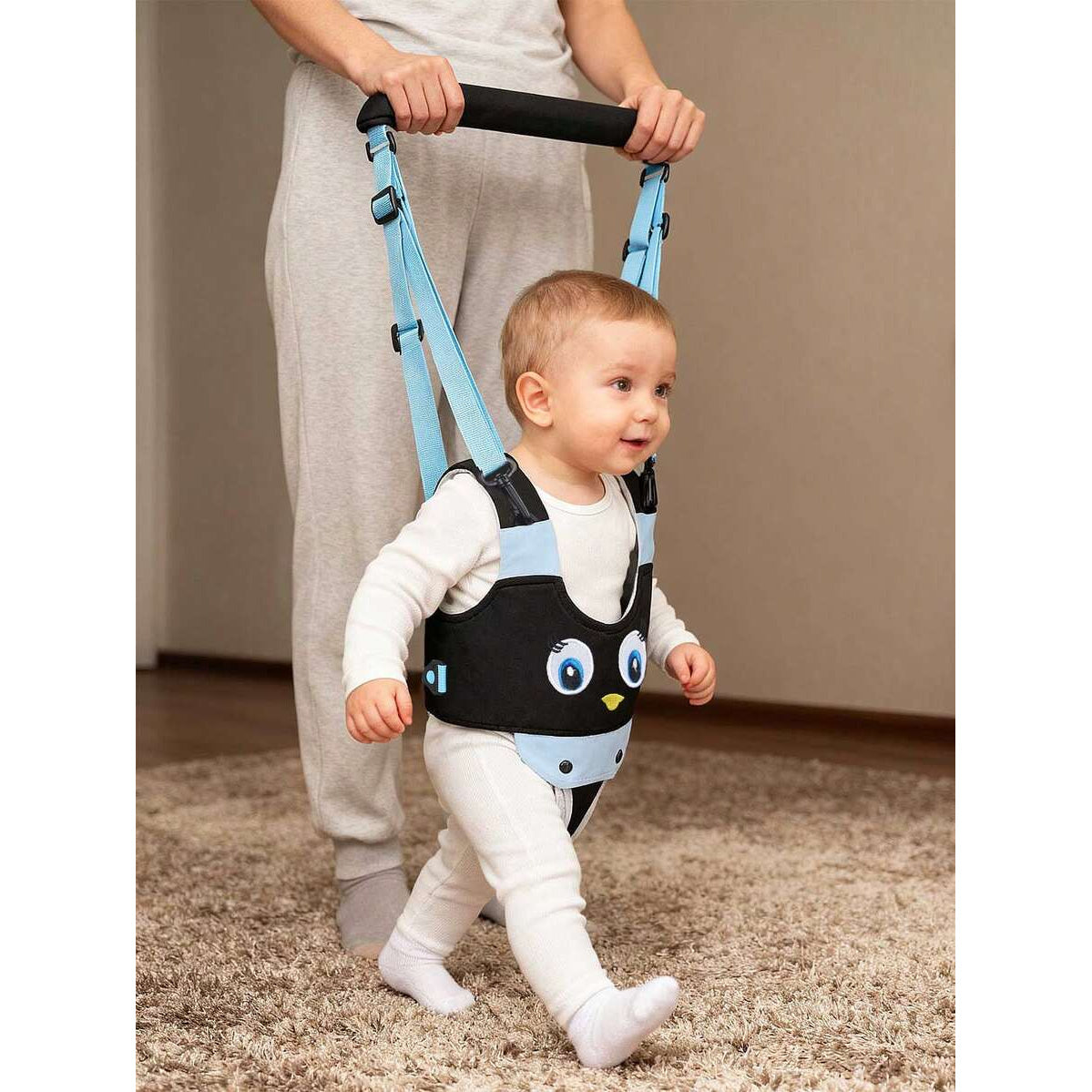 Handheld Infant Walking Support Belt, Toddler Walker Aid with Penguin Print for Ages 6-36 Months, One-Size Walking Assistance Belt for Baby Boys & Girls, Pink Blue & Grey