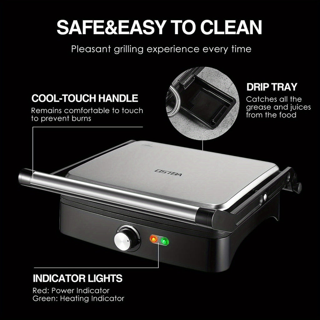 OSTBA 4-Slice Panini Press Grill Indoor Sandwich Maker – 1200W Non-Stick 180° Opens Temperature Control with Drip Tray for Sandwiches Steak BBQ