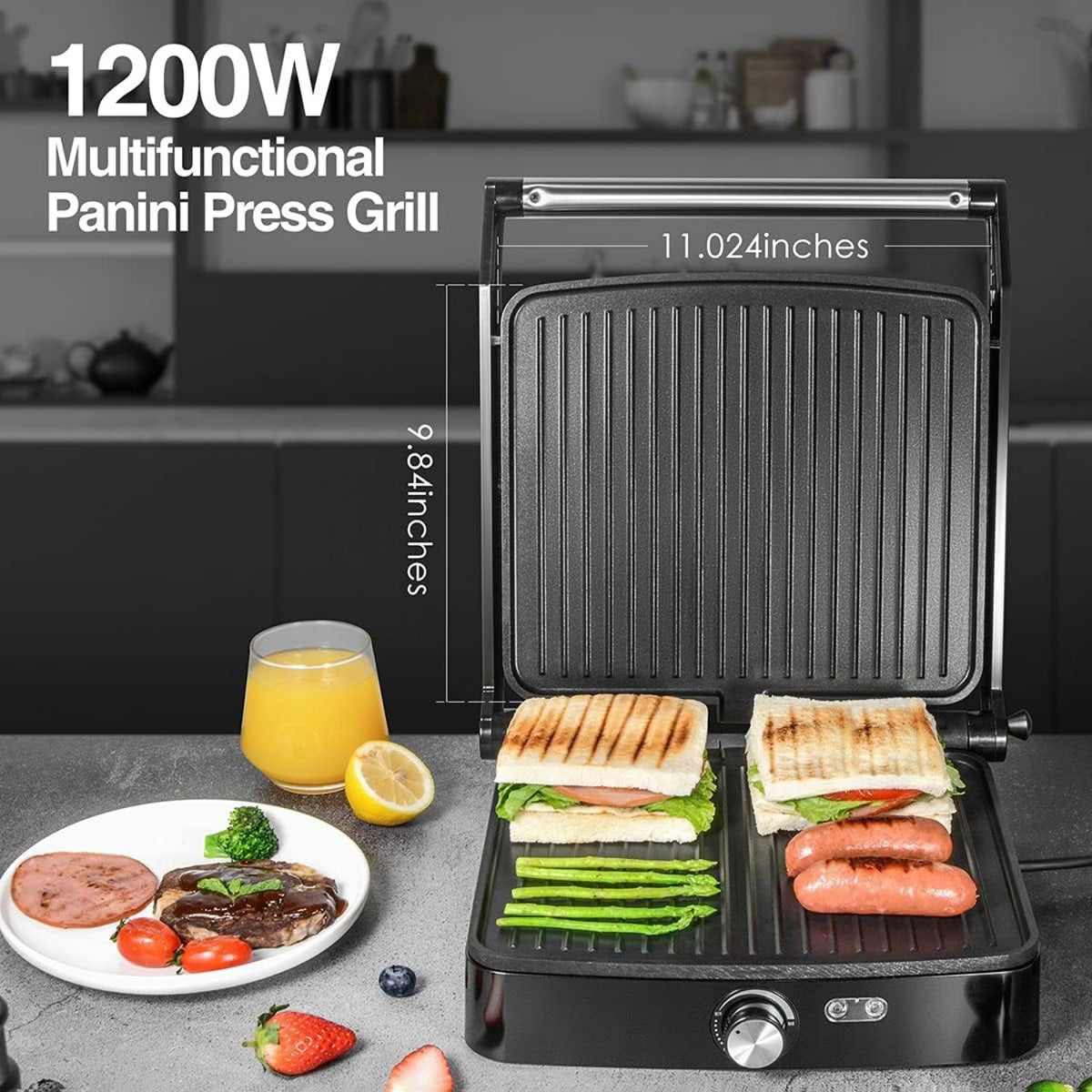 OSTBA 4-Slice Panini Press Grill Indoor Sandwich Maker – 1200W Non-Stick 180° Opens Temperature Control with Drip Tray for Sandwiches Steak BBQ