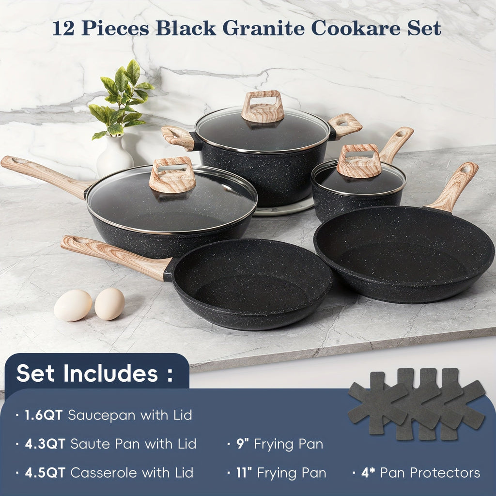 Nonstick Cookware Set 12-Piece – Pots and Pans with Wooden Handle Induction Compatible for Home Kitchen Camping RV & Travel in Black & White