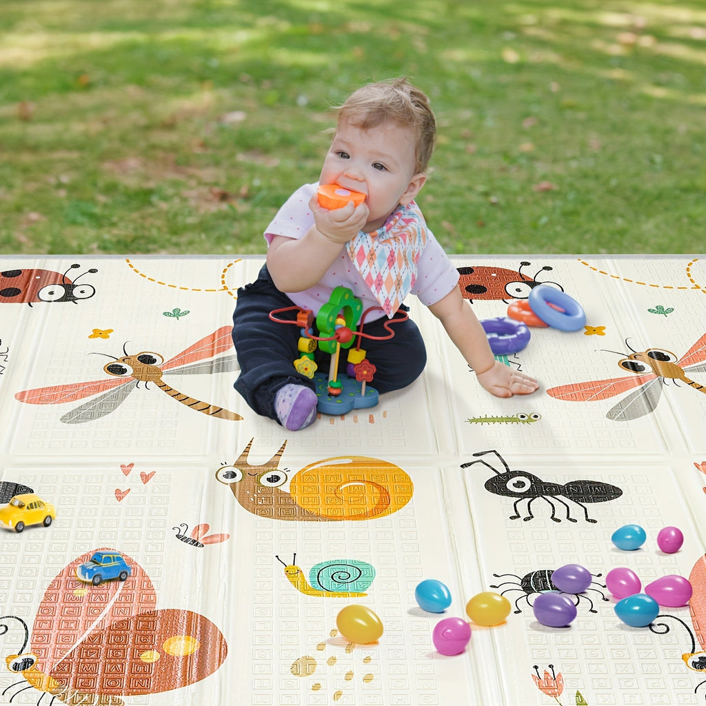 Foldable Safety Foam Baby Play Mat, 50 × 50 × 0.4 Inch Thick Reversible Double-Sided Portable Playpen Floor Mat for Travel & Daycare, Soft Cushioned Baby Activity Mat for Infants & Toddlers, Dragonfly & Geometric