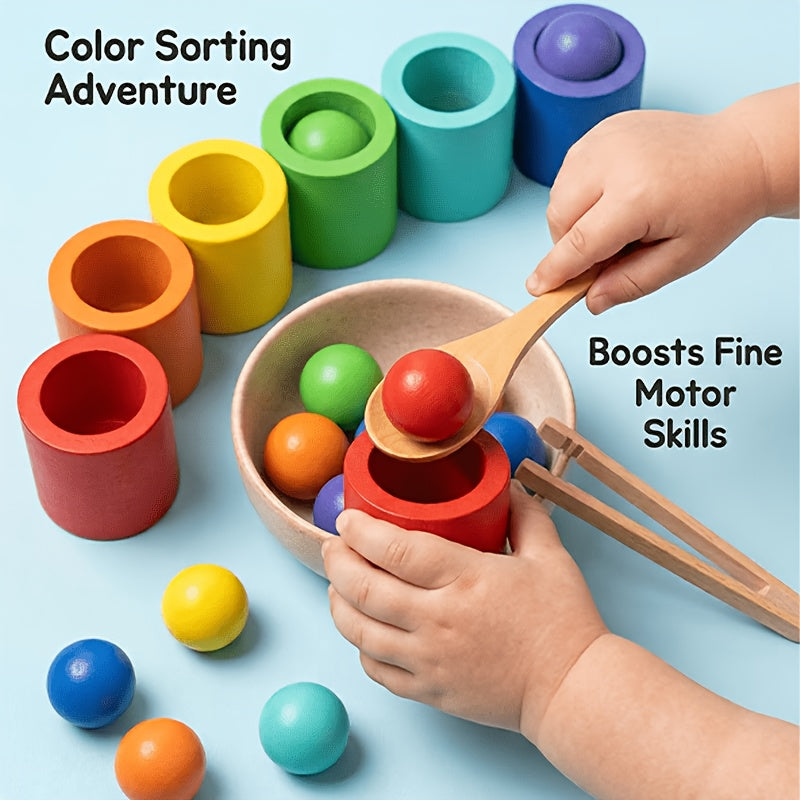 Wooden Rainbow Ball & Cup Color Sorting Toy Set, 7 Balls & 7 Cups Educational Color Classification Game for Toddlers, Fine Motor Skills Sensory Learning Toy for Boys & Girls