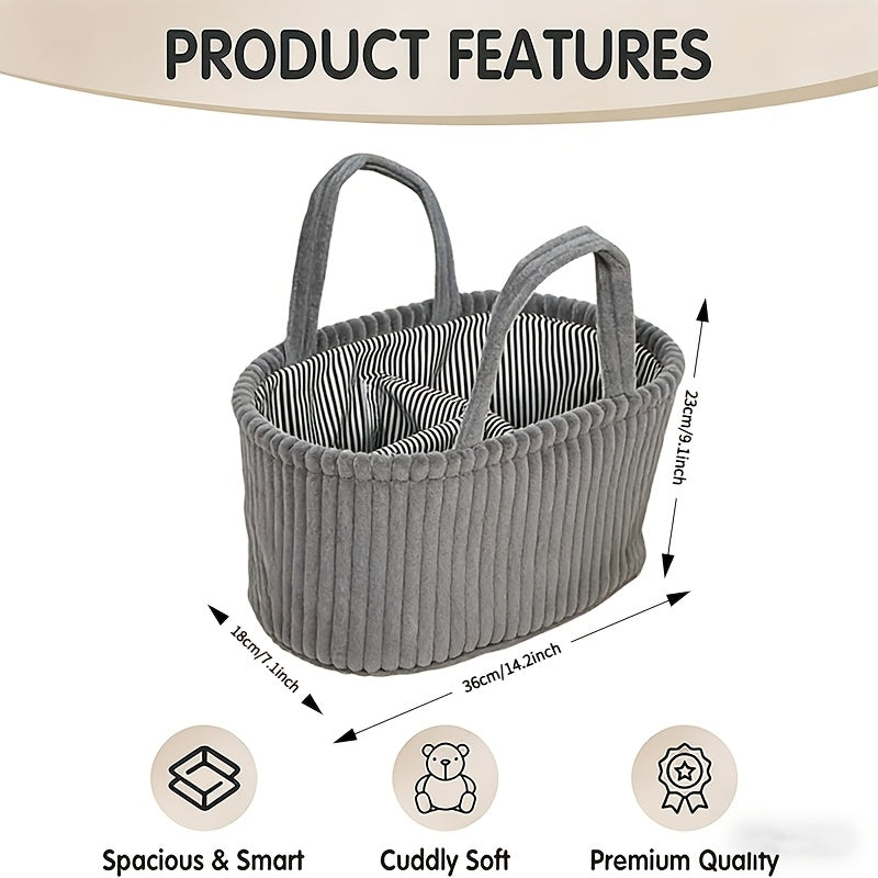 Foldable Multi-Pocket Diaper Bag & Storage Basket, Large Capacity Nursery Organizer with Compartments & Dividers for Clothes Toys & Outings, Corduroy Styles in Gray White & Brown