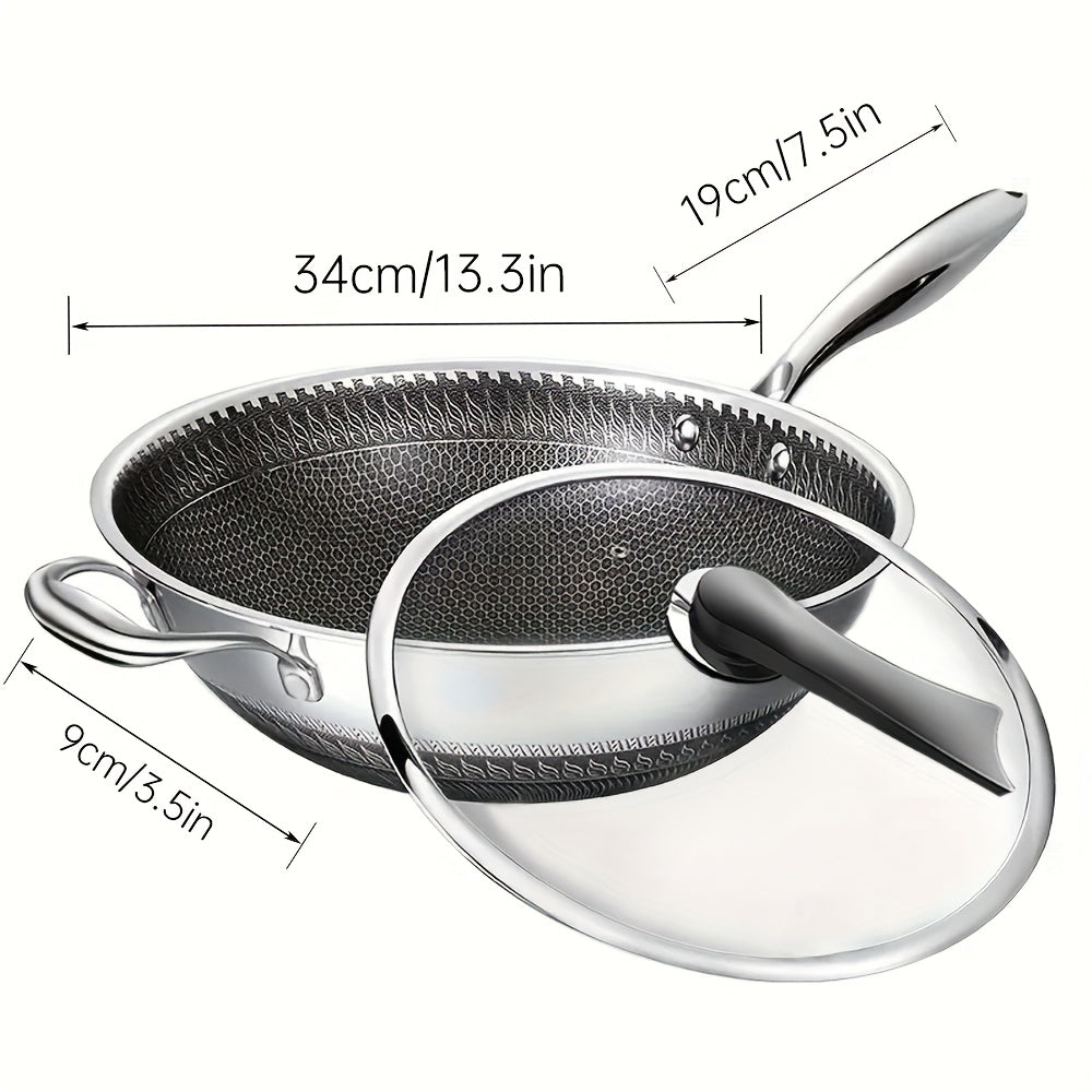 13.3" Tri-Ply Stainless Steel Non-Stick Wok with Lid, Spatula & Brush - Honeycomb Design, Works on All Stoves Including Induction, for Home Cooking & Camping