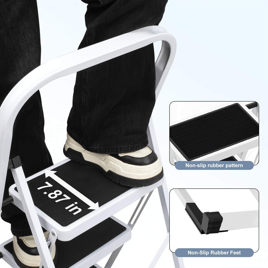 3-Step Folding Step Stool Ladder – 500 LB Capacity Wide Anti-Slip Pedal Handgrip Lightweight Portable Steel for Home Kitchen & Workshop in White & Black