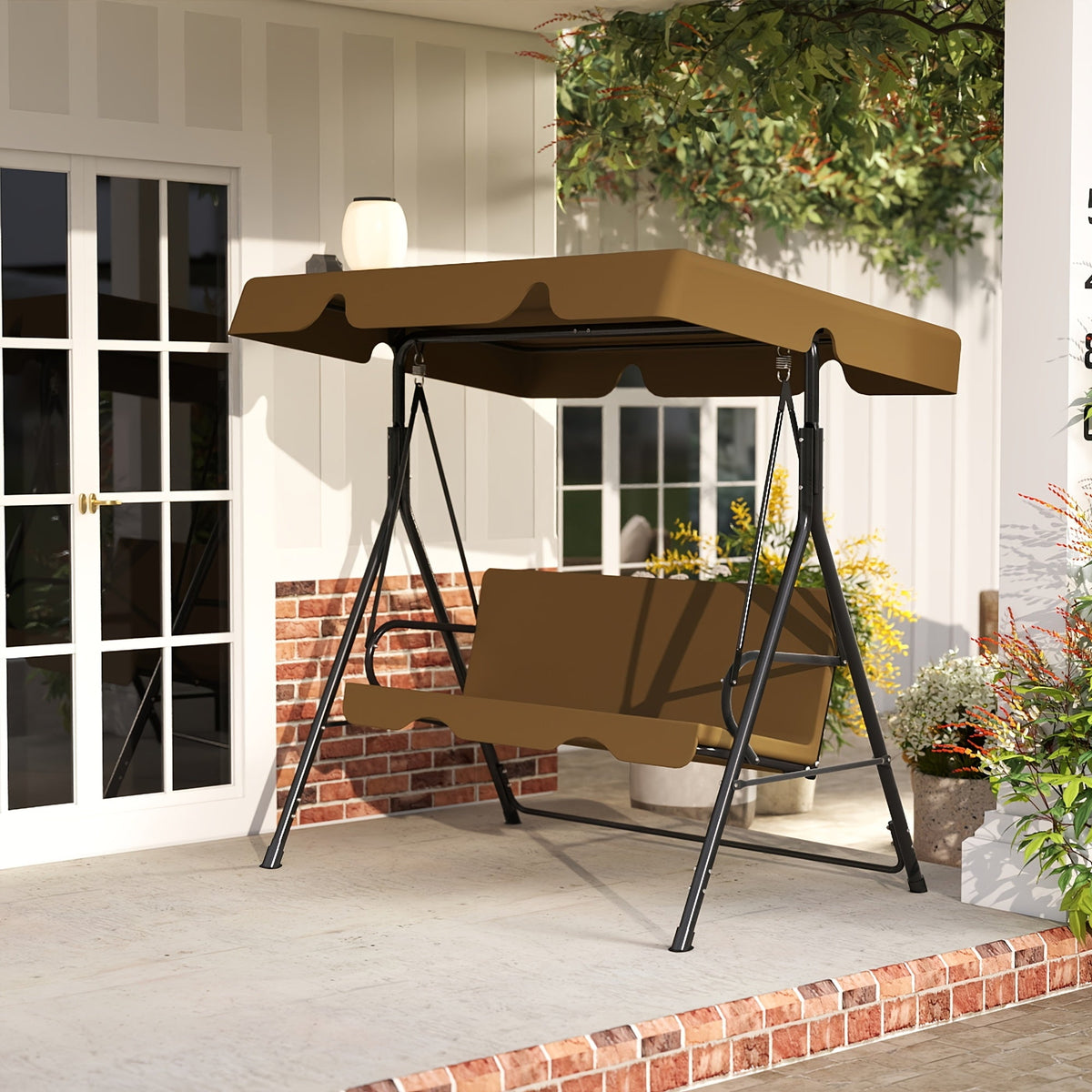 Outdoor Porch Swing Glider with Canopy & Adjustable Bracket, Heavy Duty Frame Patio Swing for Adults, Backyard Lawn Garden Furniture, Black Beige Coffee Brown Red Green Blue