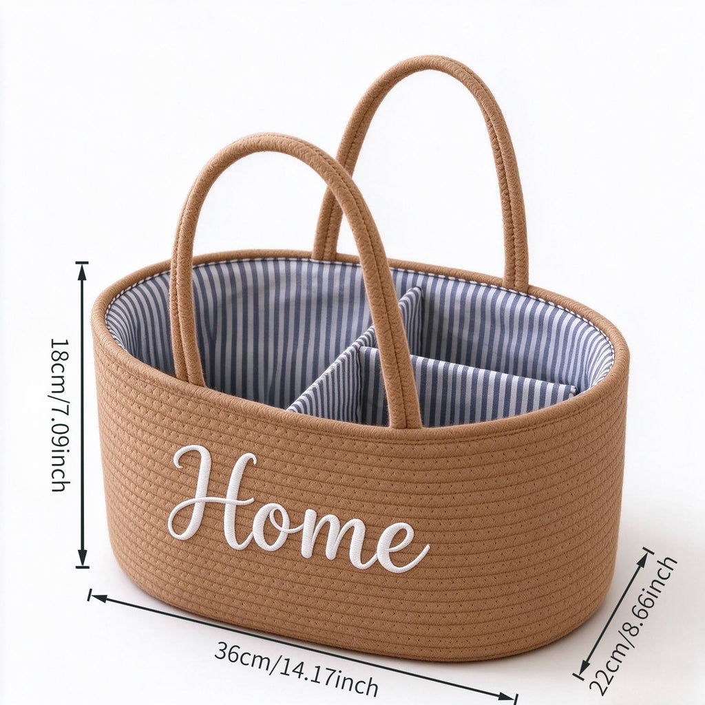 Large Rope Storage Basket with T-Shaped Dividers, 14x9x7 Inch Nursery Diaper Organizer Basket for Diapers Bottles Toys & Household Items, Woven Bin for Baby Room & Home Organization