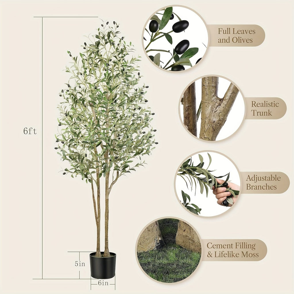 Artificial Olive Tree 4/5/6/7ft – Double Pole Silk Leaves & Faux Fruit Realistic Wood Trunk Faux Moss Potted Faux Plant for Home Living Room Indoor Outdoor Decor