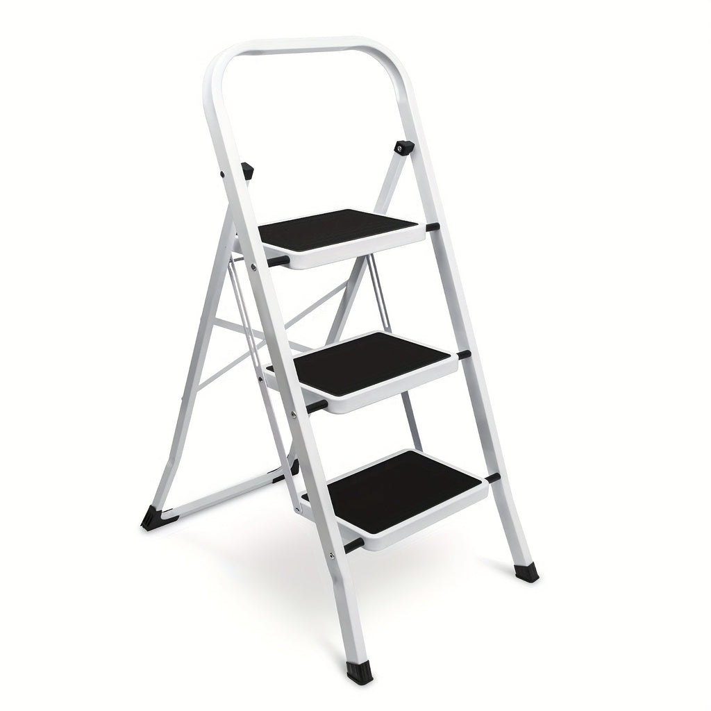 3-Step Folding Step Stool Ladder – 500 LB Capacity Wide Anti-Slip Pedal Handgrip Lightweight Portable Steel for Home Kitchen & Workshop in White & Black