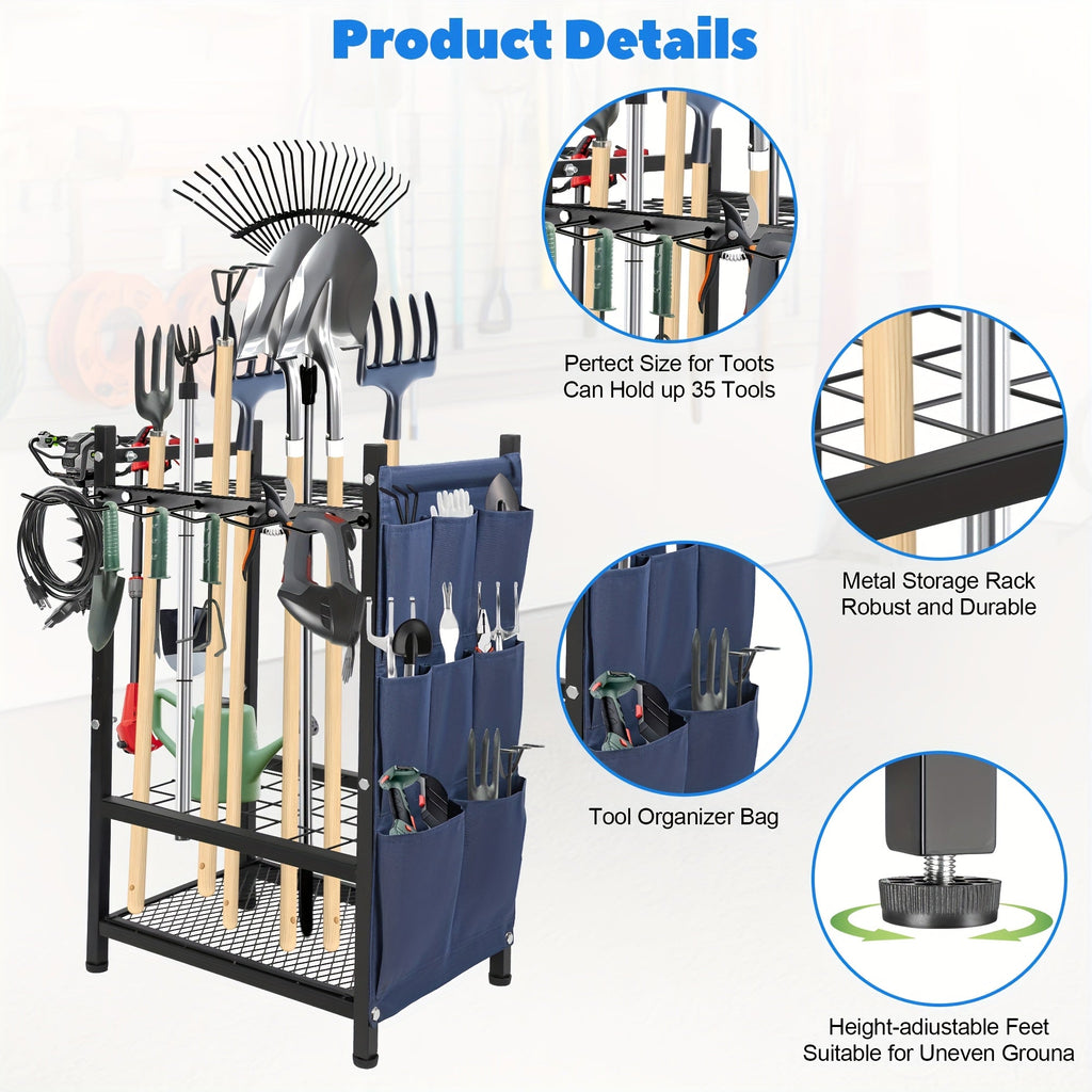 Metal Garden Tool Organizer Rack with Storage Bag - Holds 35 Long-Handled Tools - Broom, Shovel & Rake Holder - Heavy-Duty Garage, Outdoor & Yard Storage - Black