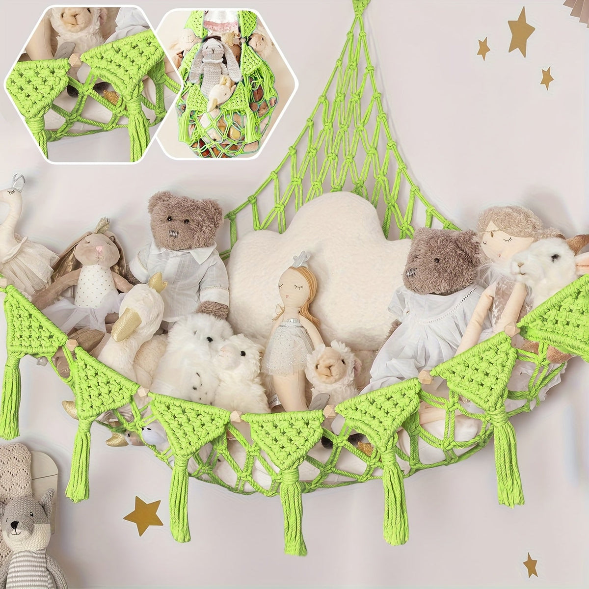 Macrame Stuffed Animal Storage Hammock, Jumbo Corner Hanging Plushie Net Organizer for Kids Nursery & Bedroom Decor, 9 Colors Including White Gray Pink Black & Rainbow