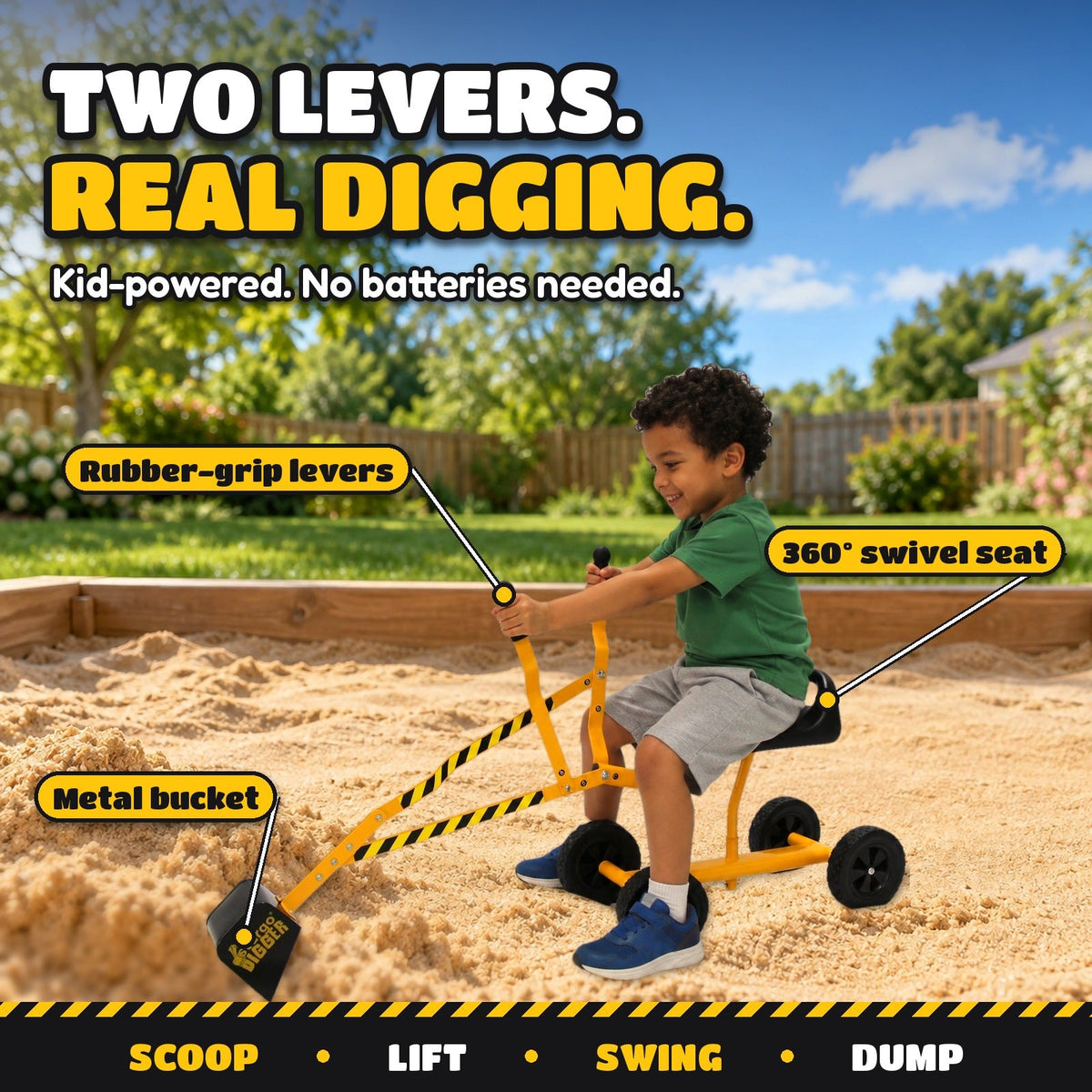 Kids Ride-On Sand Digger Excavator Toy – Steel Frame Seated Rolling Digger with 360° Swivel Seat & Metal Bucket for Sandbox Backyard Beach Snow Ages 3+