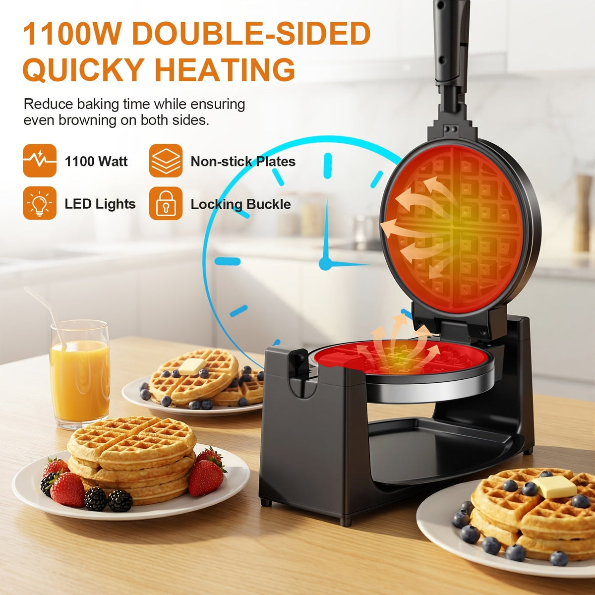 Rotating Belgian Waffle Maker - 180° Flip Waffle Iron, Non-Stick Plates, Adjustable Browning Control, Foldable Cool-Touch Handle, Removable Drip Tray, Space-Saving Stainless Steel Design - Silver & Black Double Iron