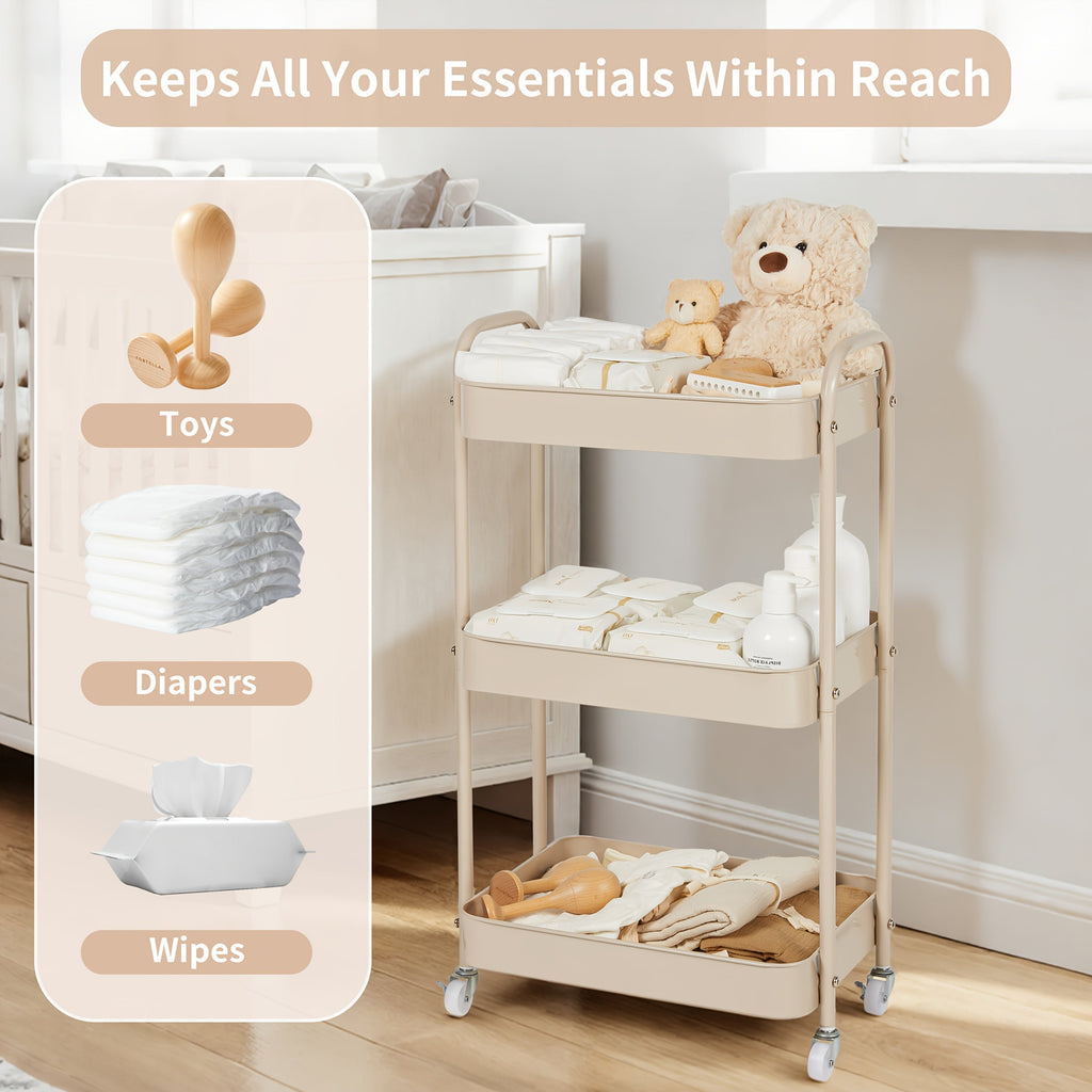 3-Tier Rolling Nursery Storage Cart with Dividers & Drawers, Mobile Diaper Caddy Organizer on Wheels for Changing Table Crib & Bedroom, Easy Assembly Nursery Cart