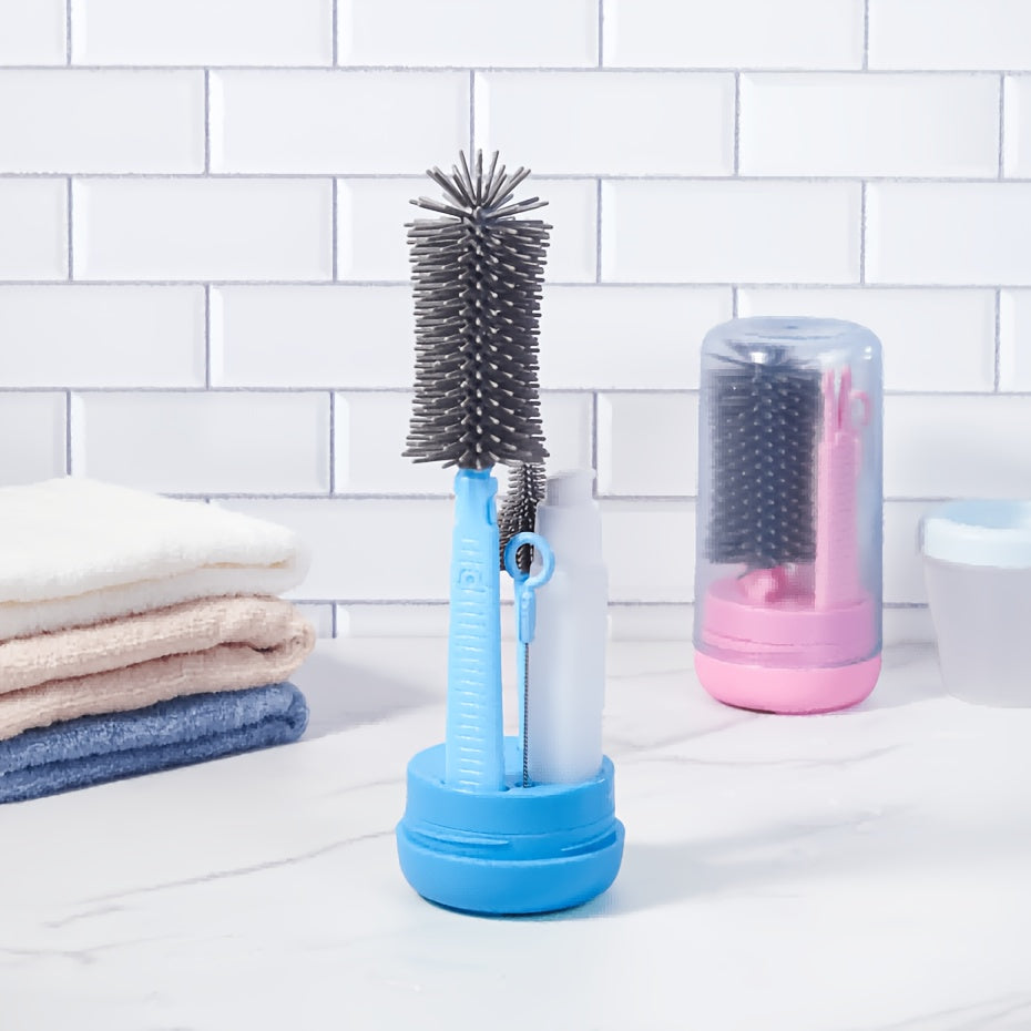 Portable Baby Bottle Brush Set with Nipple Brush Straw Brush Cup Brush – Travel Bottle Cleaning Kit for Feeding Essentials Blue Pink Yellow