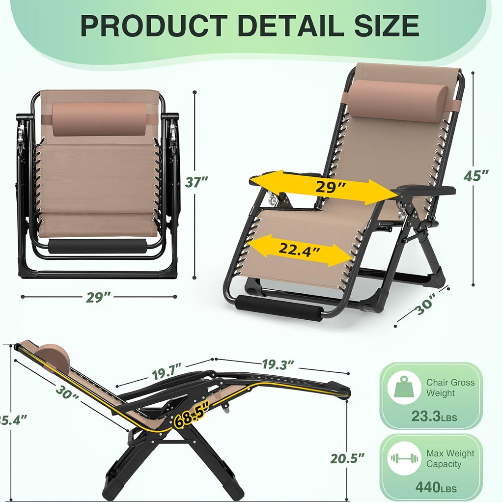 Oversized XXL Zero Gravity Chair, 33", 500 Lb Capacity, 1.6" Steel Pipes, 90°-170° Aluminum Lock Recliner, Removable Cushion & Headrest, Footrest, Cup Holder, Eye Mask & Earplugs, for Outdoor Camping, Patio & Beach