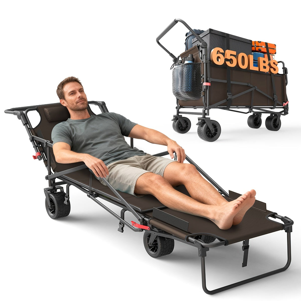 Heavy Duty Folding Wagon 2-in-1 Collapsible Cart and Beach Chair 400 420 650LBS Capacity All-Terrain 360 Swivel Wheels with Brakes Side Pockets for Camping Beach Groceries